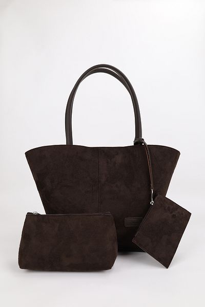 NOTHING Bitter Brown Suede Women's Bag - with Wallet, Makeup Bag, Lined, Large Size Hand and Shoulder Bag, Rosa