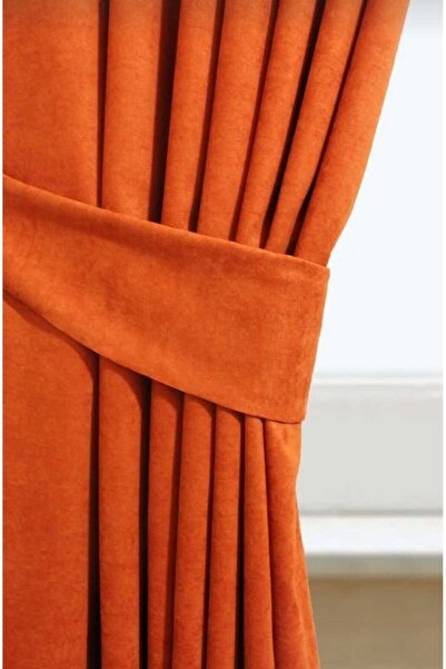 PİKKO HOME Velvet Textured Extralight Fabric Drawstring Orange Color High Quality Single Panel Background Curtain