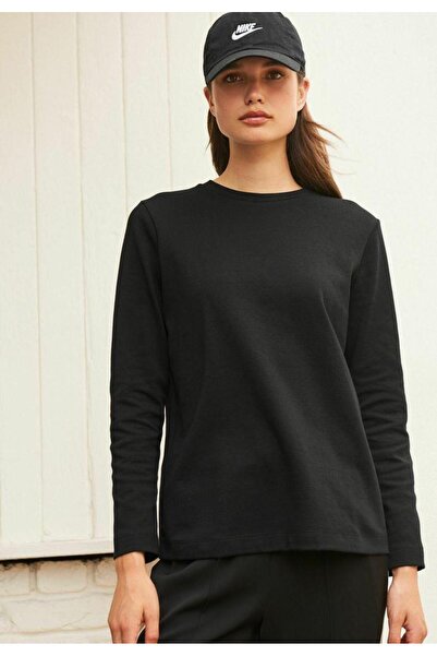 Butik Kadın Bisiklet Yaka Içi Pamuklu Slim Fit Siyah Sweatshirt