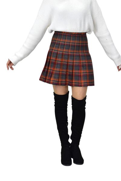 BAGLAN Orange Smoked Plaid Women's College Skirt - Kuyucak-28