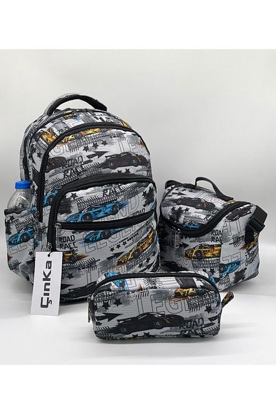 Çınka Bags Rucsac pentru băieți de culoare gri cu model de mașină cu nutriție din folie și suport pentru stilou
