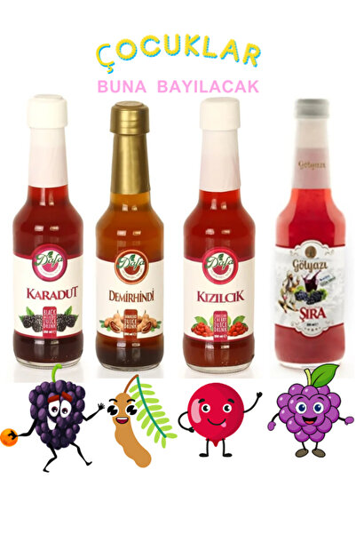Dafa Demirhindi-Karadut-Kızılcık-Üzüm Şıra- 250 ml cam şişelerde. 4 al 3 öde
