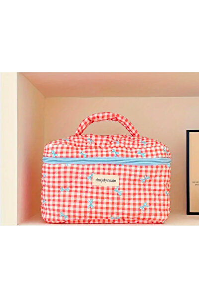 NK DESİGN Pötikareli, Kurdele Desenli, Geniş Kapasiteli Kozmetik Çantası / Ma...