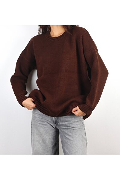 Azimutgiyim سترة نسائية بنية كبيرة الحجم بياقة دائرية