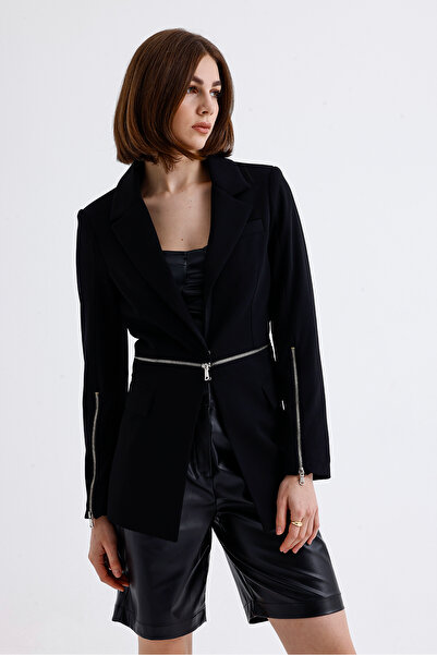 Sense Scuba Crepe Jacket with Metal Zipper - Lining and Sleeves, Black |   Ckt34819