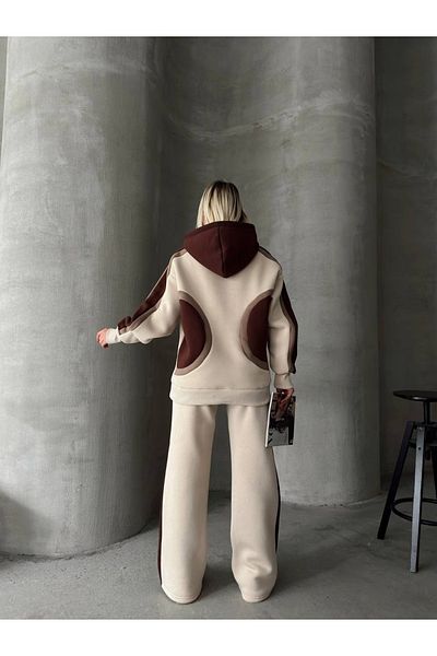 sportiness Oversize Hooded Garnished 3 Threads Charted Wide Leg Tracksuit Suit