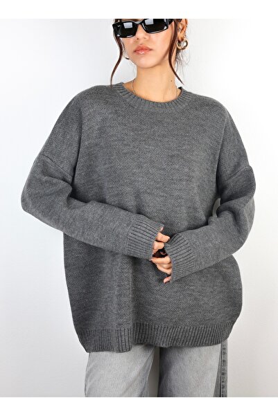 Azimutgiyim سترة نسائية رمادية اللون ذات رقبة دائرية كبيرة الحجم