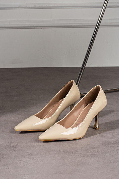 YAKUPLAR Beige Patent Leather Closed Back Gold Yellow Thin Heeled Stiletto Vegan Leather for Daily and Special Occasions