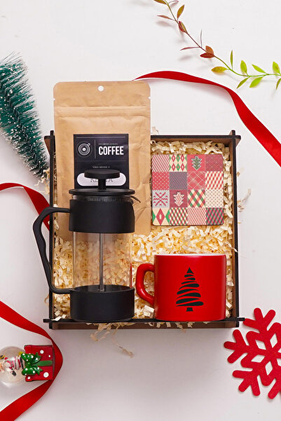 TrendHediye Yılbaşı Yeni Yıl Hediye Seti Frenchpress, Kahve, Fincan, Bardak Altı