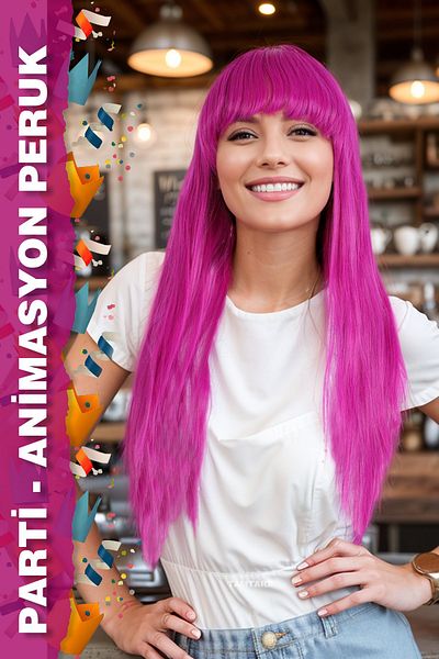 KONAK PERUK Perucă sintetică din fibre lungi fucsia cu breton - petrecere / animație / teatru