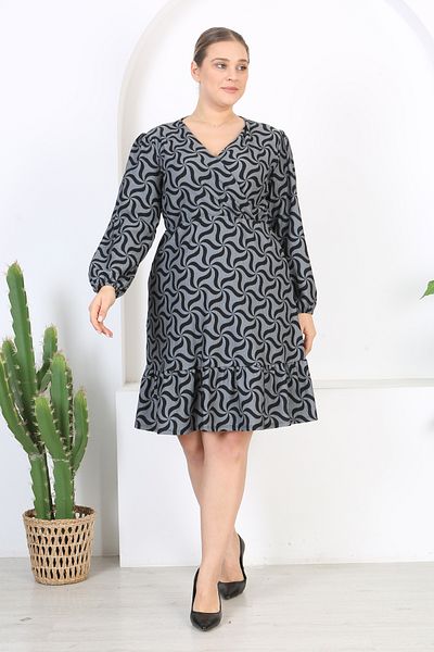 Madwilo Women's Gray Black Wind Rose Pattern Double Breasted Lapel Ruffle Detail Plus Size Dress