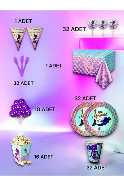 VibeHome Mermaid Themed Luxury Set for 32 - Birthday Party and Fun Events