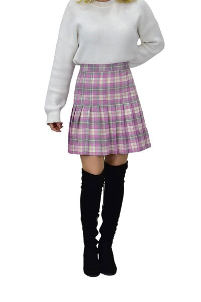 BAGLAN Pink Gray Plaid Women's College Skirt - Anadolu-34