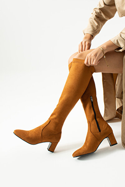 volarescarpe Kadın Topuklu Taba Süet Çizme Dizaltı Streç Lastikli Günlük Klas...