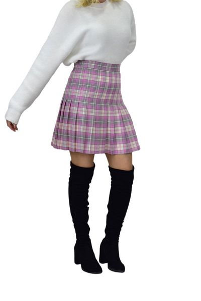 BAGLAN Pink Gray Plaid Women's College Skirt - Anadolu-34