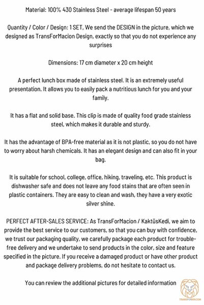 Transformacion Sefer Tası Paslanmaz Çelik Yemek Kabı 17 cm