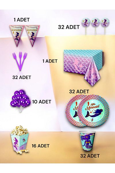 VibeHome Mermaid Themed Luxury Set for 32 - Birthday Party and Fun Events