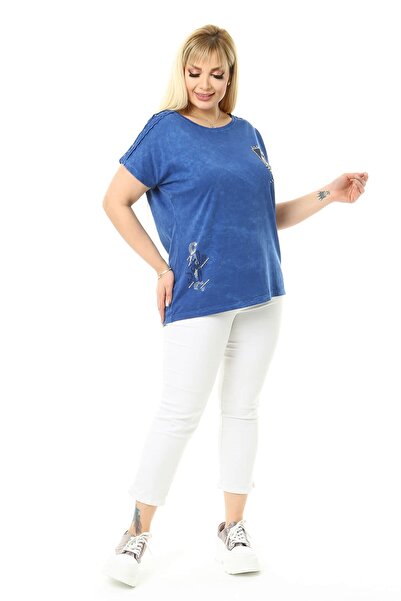 Mia Butik Plus Size Blue Blouse with Lace Detail on Shoulders