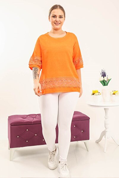 Mia Butik Plus Size Linen Orange Skirt Lace Detailed Blouse