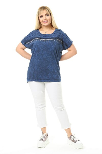 Mia Butik Plus Size Navy Blue Blouse with Stone Detail on Shoulders