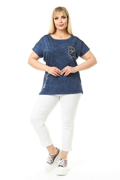 Mia Butik Plus Size Navy Blue Blouse with Lace Detail on Shoulders
