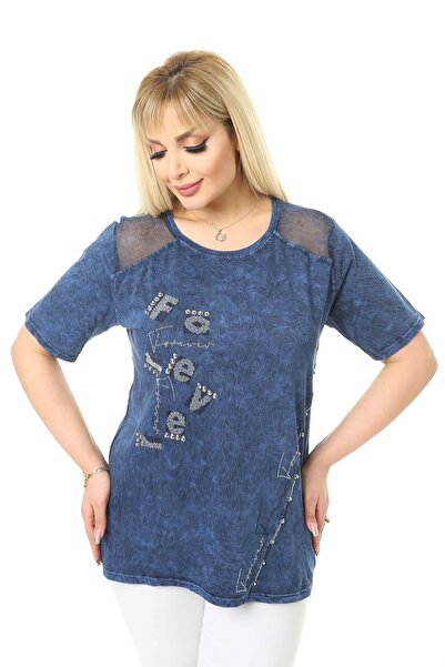 Mia Butik Plus Size Navy Blue Blouse with Mesh Detail on Shoulders