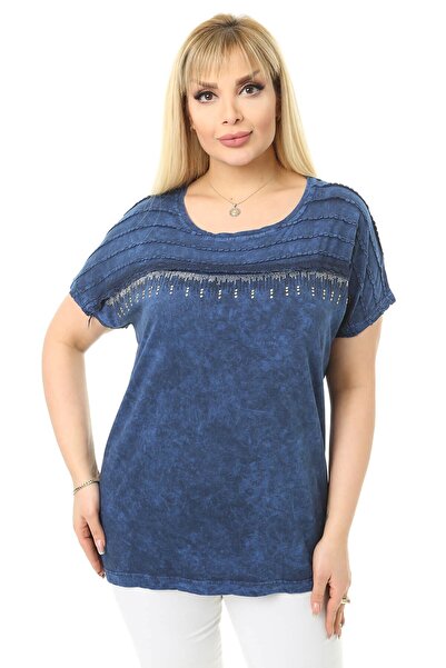Mia Butik Plus Size Navy Blue Blouse with Stone Detail on Shoulders