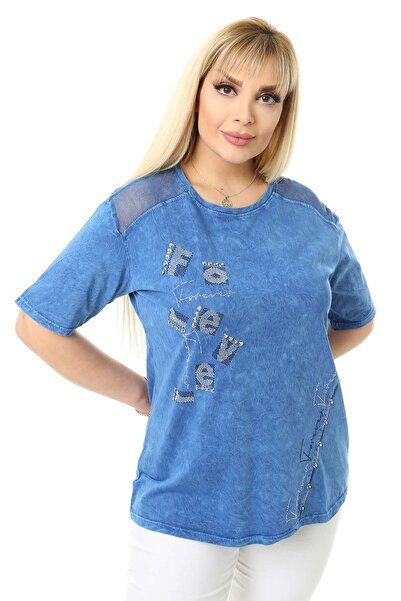 Mia Butik Plus Size Blue Shoulder Mesh Detailed Blouse