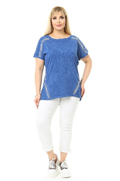 Mia Butik Plus Size Blue Round Neck Blouse