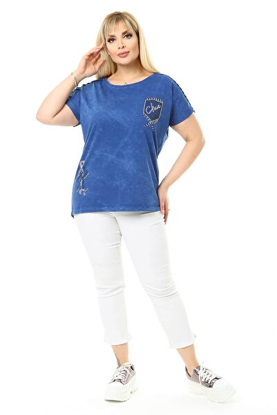 Mia Butik Plus Size Blue Blouse with Lace Detail on Shoulders