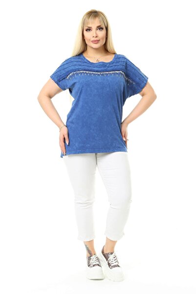 Mia Butik Plus Size Blue Shoulder Stone Detailed Blouse