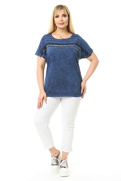 Mia Butik Plus Size Navy Blue Blouse with Stone Detail on Shoulders