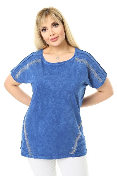 Mia Butik Plus Size Blue Round Neck Blouse