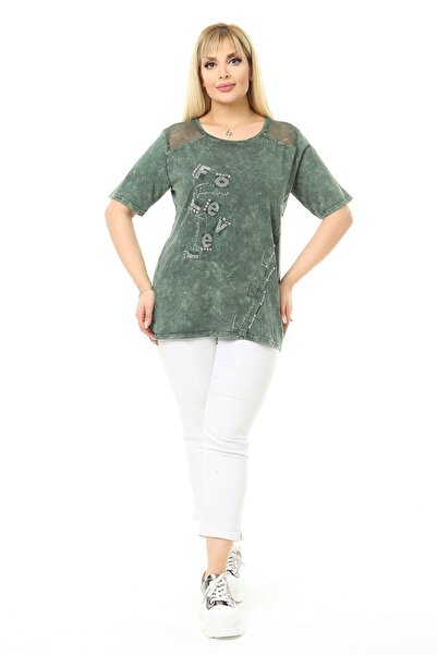 Mia Butik Large Size Khaki Blouse with Mesh Detail on the Shoulders