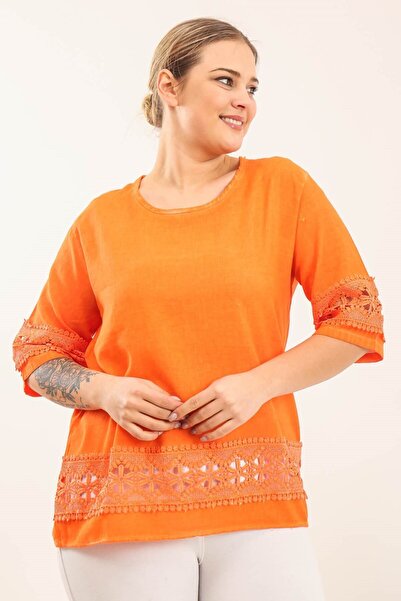 Mia Butik Plus Size Linen Orange Skirt Lace Detailed Blouse