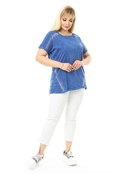 Mia Butik Plus Size Blue Round Neck Blouse