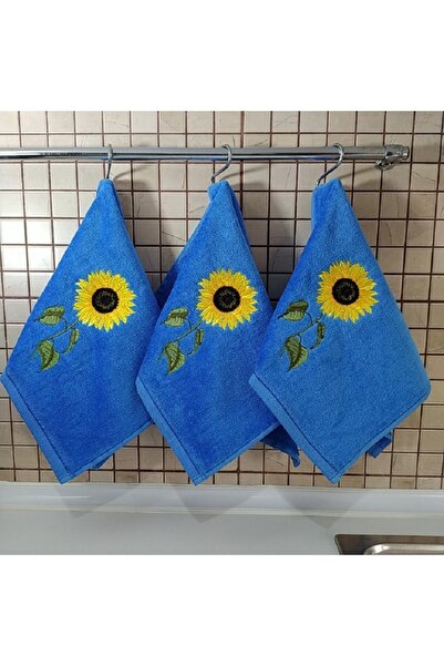 Butik Ayçiçeği Nakış İşlemeli Üçlü Mutfak Havlusu Seti