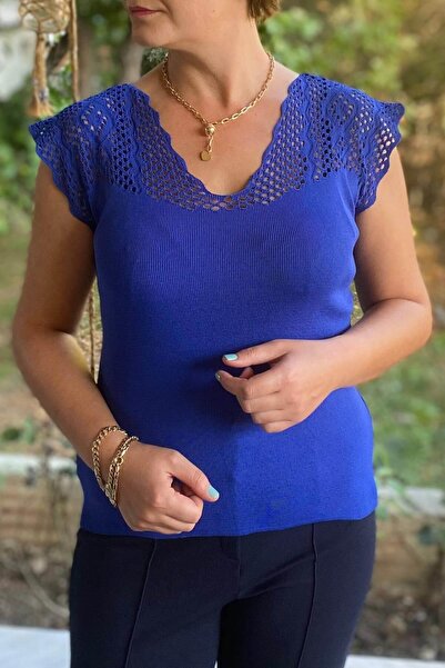 Mia Butik Women's Saks Blue Zero Sleeve Openwork Knitwear Blouse