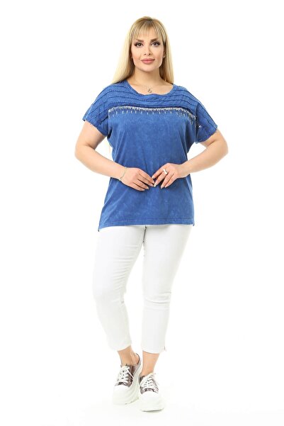 Mia Butik Plus Size Blue Shoulder Stone Detailed Blouse
