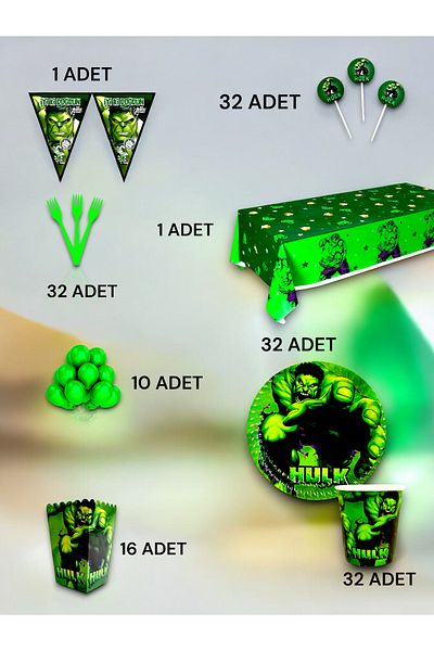 VibeHome Hulk Themed Luxury Set for 32 - Birthday Party and Fun Events