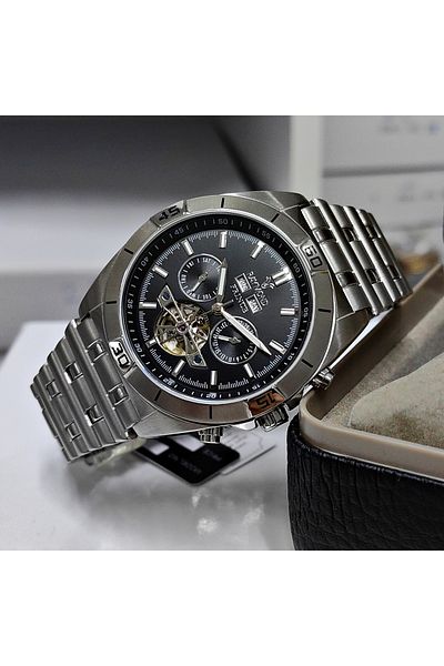 Raymond Silver Black Steel Automatic Men's Watch