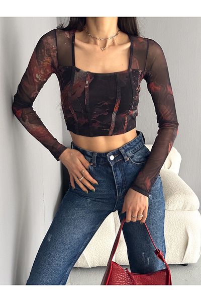 JUST MAY Women's Square Neck Front Stitching Detailed Patterned Long Sleeve Tulle Crop