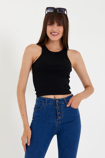 Superlife Süperlife Women's Crop Knitted Back High Collar Tank Top Spr21Y11