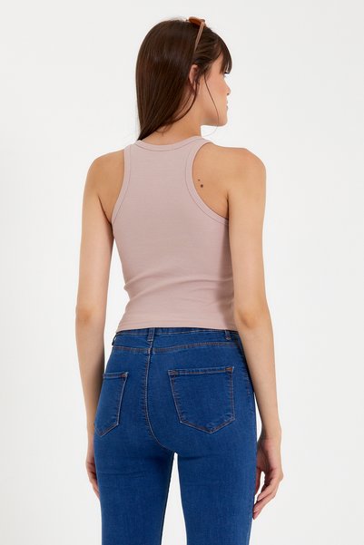 Superlife Süperlife Women Crop Knitted Back High Collar Slim Fit Tank-Tişört Spr21Y11