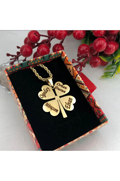 Doğaltaş Özel tasarım 4’lü isim çelik yonca kolyesi