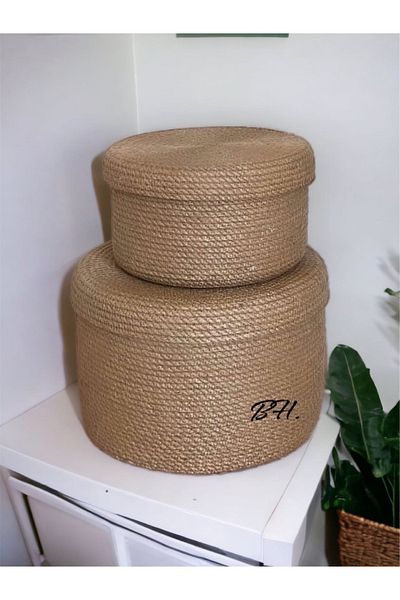 Bohemahomedecor 2 броя плетени кошници от юта, органайзер за декоративна кошница, подаръчна кошница с капак