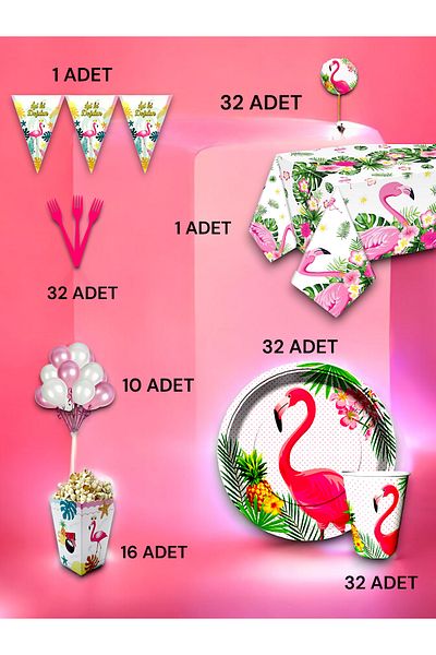 VibeHome Flamingo Themed Luxury Set for 32 - Birthday Party and Fun Events