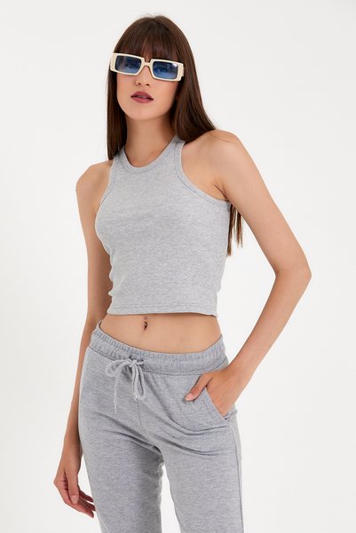 Süperlife Süperlife Women Crop Knitted Back High Collar Slim Fit Tank-Tişört Spr21Y11
