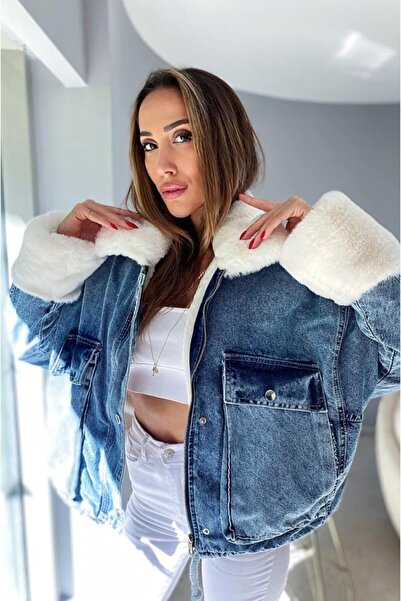 dblovedbrand Sagi Jeans - Kadın Kürklü Denim Kadın Mont Peluş Kot Mont