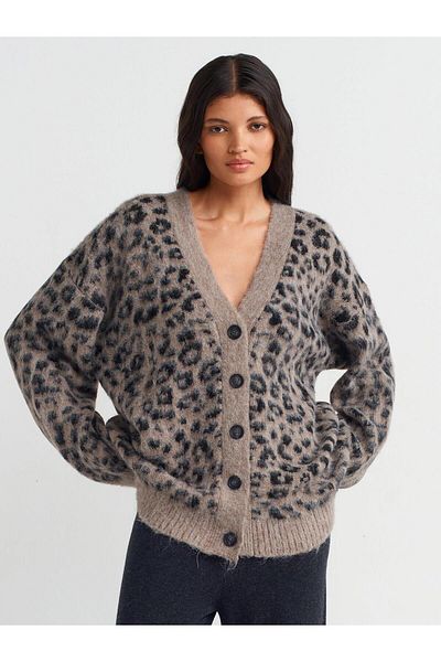 Dilvin V-Neck Leopard Raised Buttoned Knitwear Cardigan-Mink